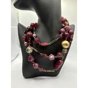 Express Italy Hand Made Long Beaded Wine Purple and Gold Tone Necklace Boho